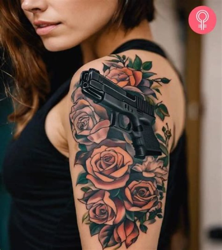 Gun With Roses Thigh Tattoo For Women Blurmark