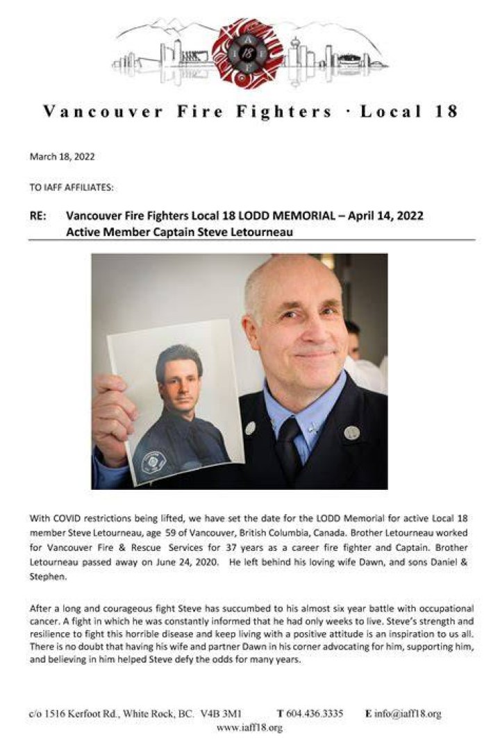 Vancouver firefighter Steve Letourneau dies from workrelated cancer